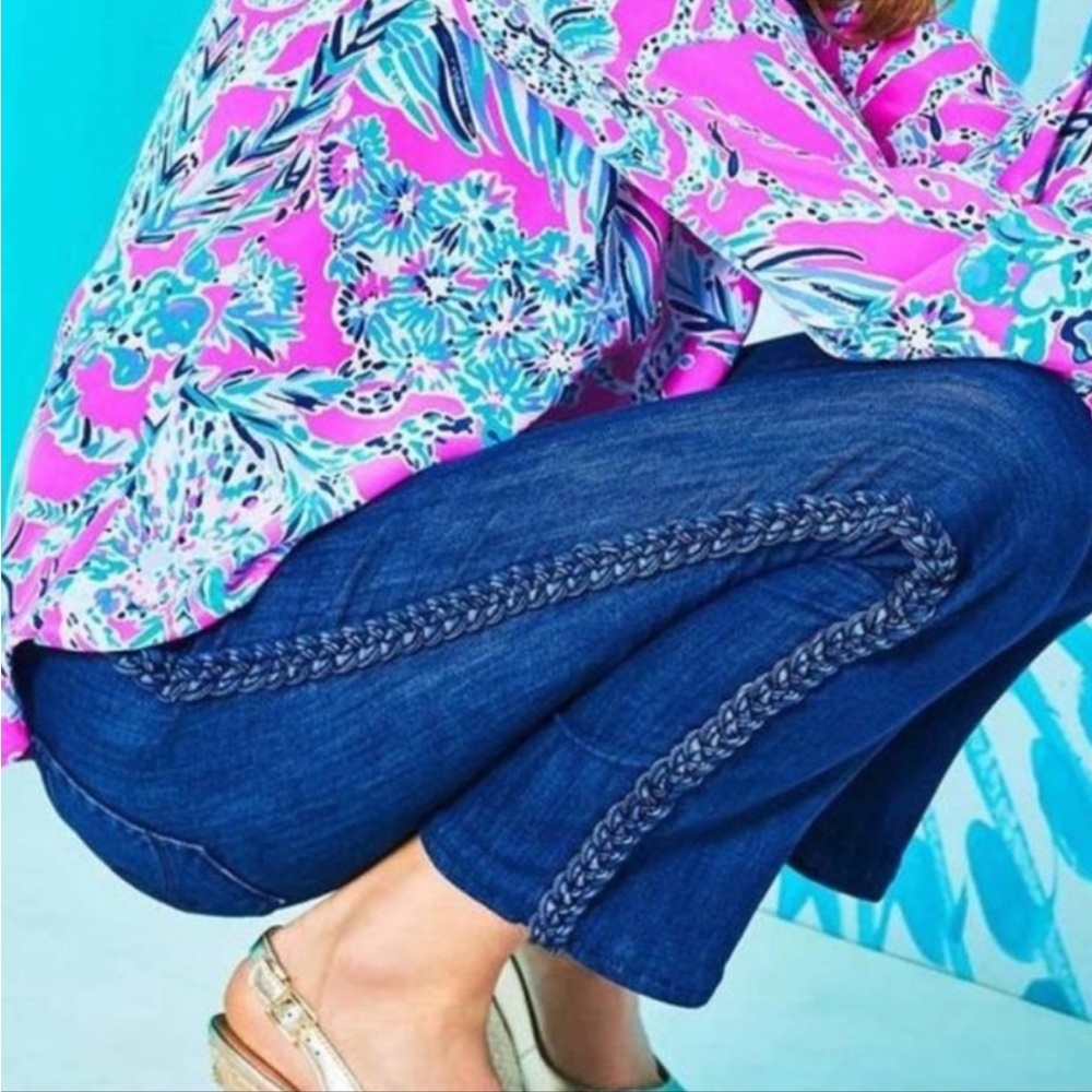 Lilly Pulitzer south ocean crop flare denim jeans with braided side detail